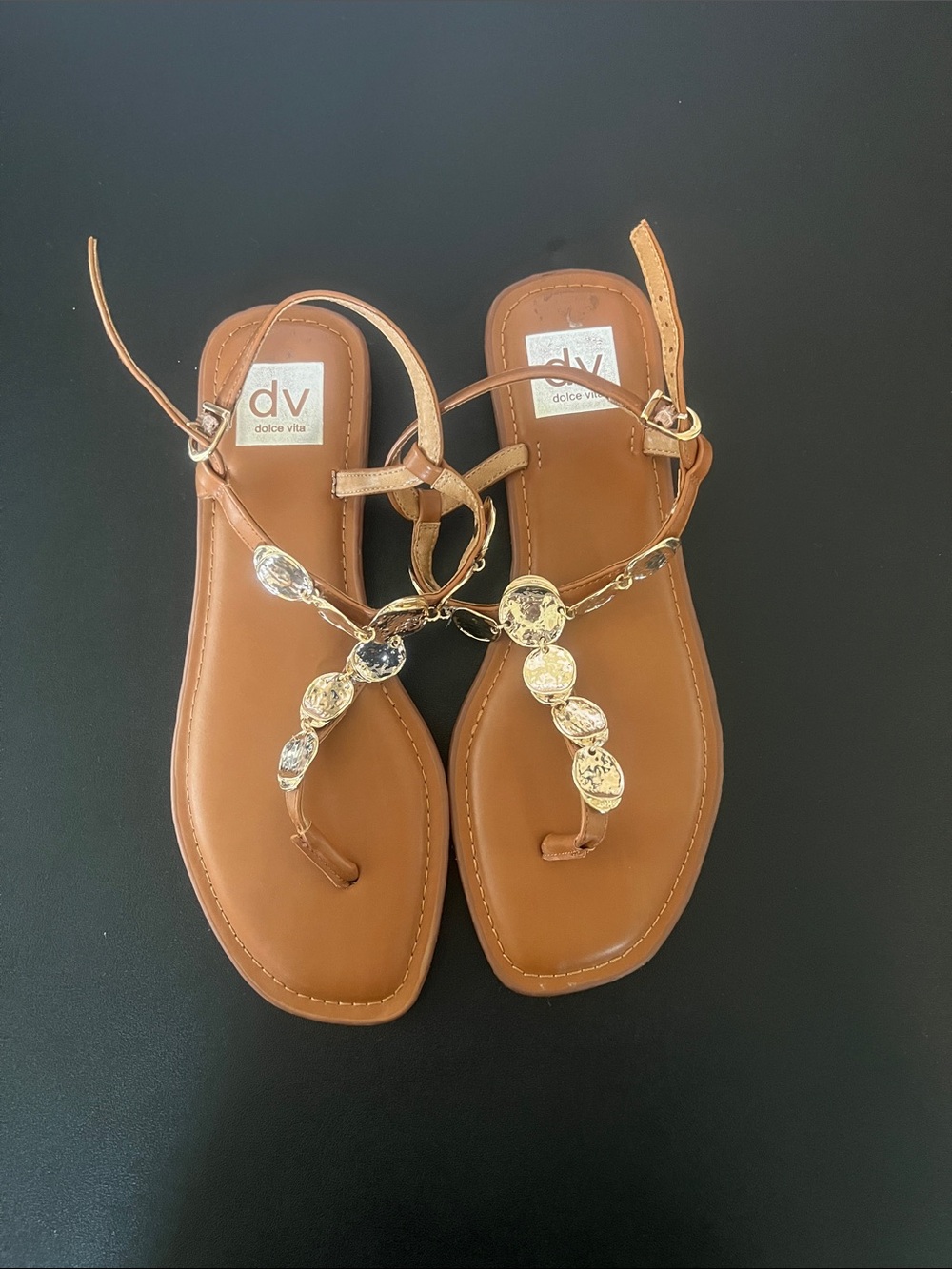 Dolce Vita Brown T-Strap Sandals with Gold Medallion Accents, Size 8.5